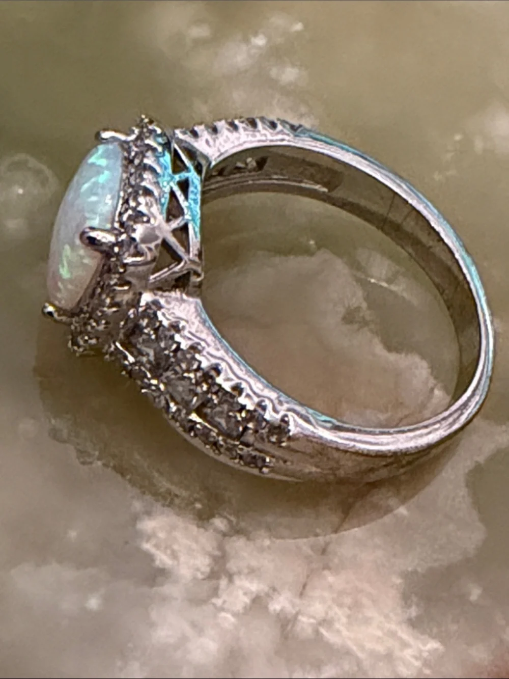 Opalescent Halo Cushion Ring in Silver-tone Setting - Ring Size 7 US